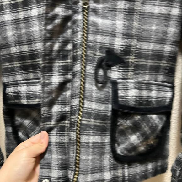 Billabong Coat Black Gray Plaid Wool Blend Faux Fur Hooded Jacket Sz S - Picture 5 of 12